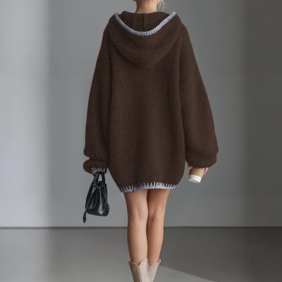 Brown Oversized Sweater Hoodie Cozy Knit Pullover Size L - Picture 2 of 7